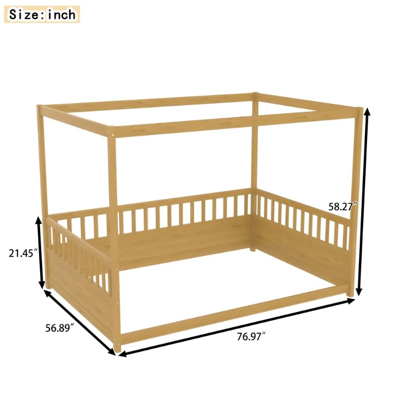 Full Size Montessori Floor Bed Frame with Canopy and Safety Guardrails