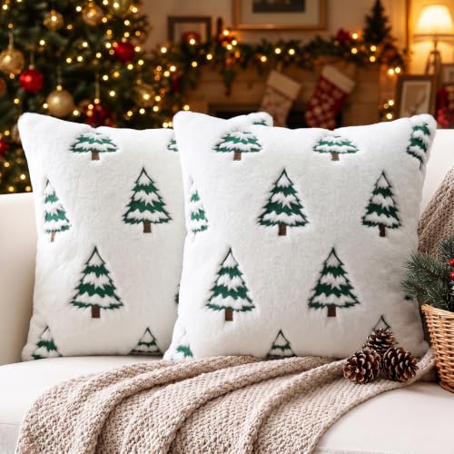 Artscope White Christmas Throw Pillow Covers 16x16 Set of 2 – Festive Embroidered Tree