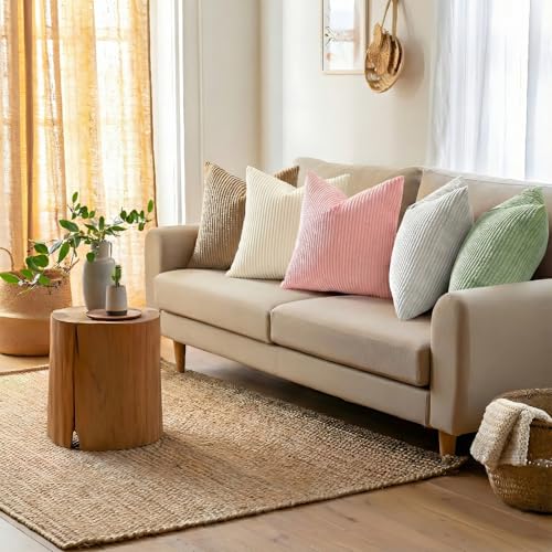 Corduroy Throw Pillow Covers 18x18 Cream White - Set of 2 Soft Striped Cases