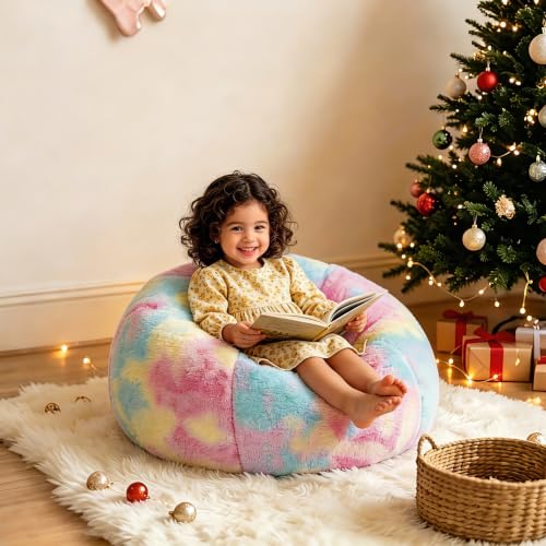 Rainbow Faux Rabbit Fur Memory Foam Bean Bag Chair for Kids