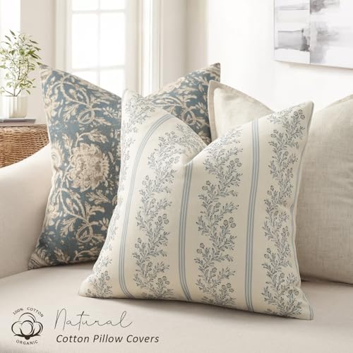 Vintage Floral Throw Pillow Covers 18x18 Set of 2 - Light Blue Cushion Covers