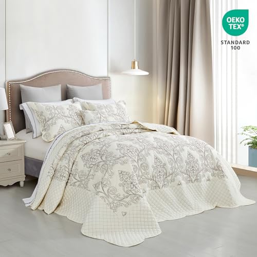 Oversized King Bedspread 128x120 - Lightweight Reversible Bedding Set - Elegant Damask Paisley Pattern