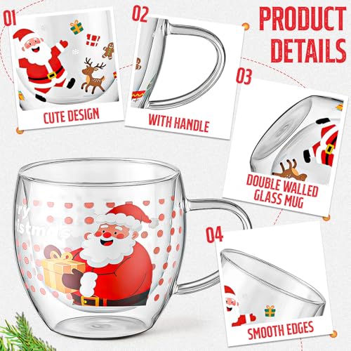 Christmas Double Walled Glass Mug Set with Lids - 8.5 oz Holiday Drinkware