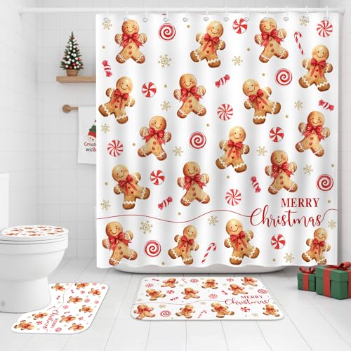 Christmas Shower Curtain Set Gingerbread Bath Decor 4pcs Waterproof Holiday