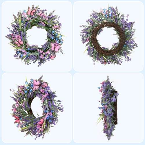 18-Inch Lavender Wreath with Butterflies and Berries for Front Door Decor