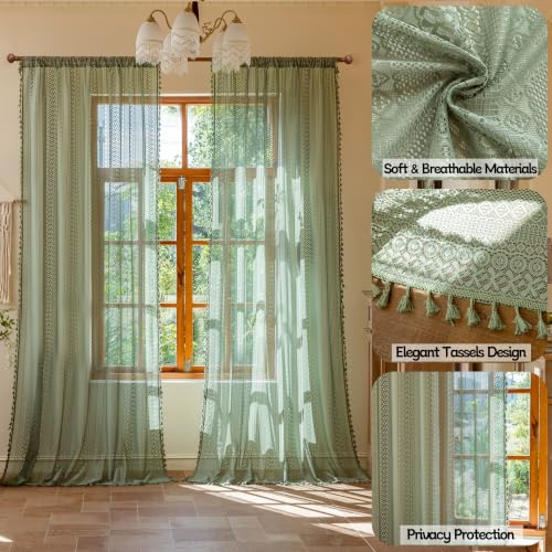Sutuo Home Sage Green Boho Lace Sheer Curtains 2 Panels, 50x108 in