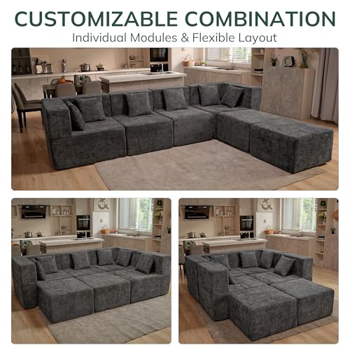 130-Inch Modular Sectional Sofa, 6-Seater Chenille Cloud Couch with Ottoman