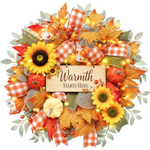 22-Inch Lighted Fall Wreath with Pumpkin, Sunflowers and Removable Sign