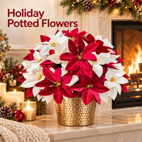 24 Pcs Artificial Christmas Poinsettia Flowers - Red & White Holiday Decor