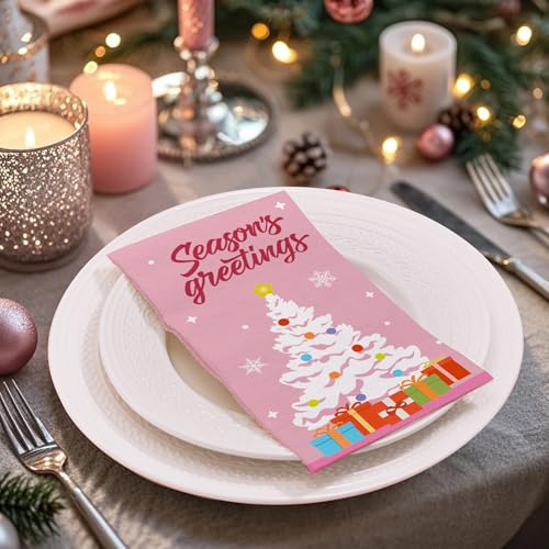 Wrapaholic 50Pcs Pink Christmas Tree Gift Hand Towels – 3-Ply Paper Napkins, 4.3 x 7.9 in, Xmas Holiday