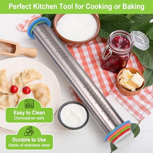 Adjustable Stainless Steel Rolling Pin with Thickness Rings for Baking - 17 Inch