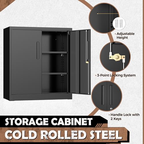 Lockable Metal Storage Cabinet, 2-Door Steel Utility Cabinet with Shelves