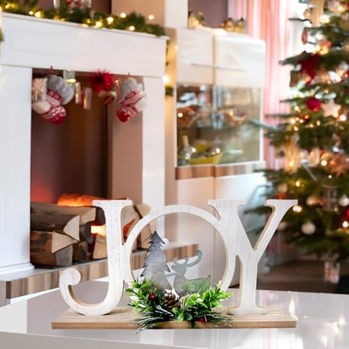 Rustic Wooden Christmas Joy Sign with Reindeer & Pinecone Decor - Farmhouse Holiday Table Centerpiece