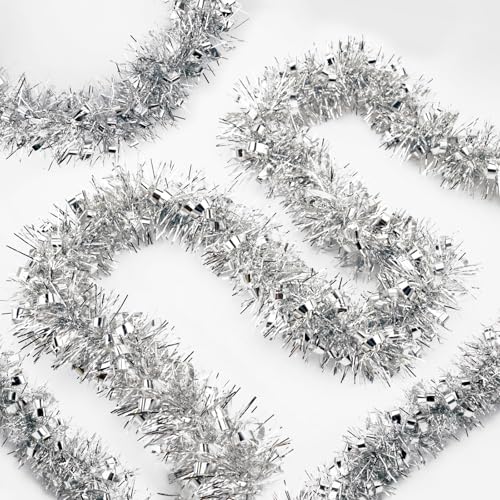Kinglake Garden 33 ft Silver Christmas Tinsel Garland for Tree & Decor