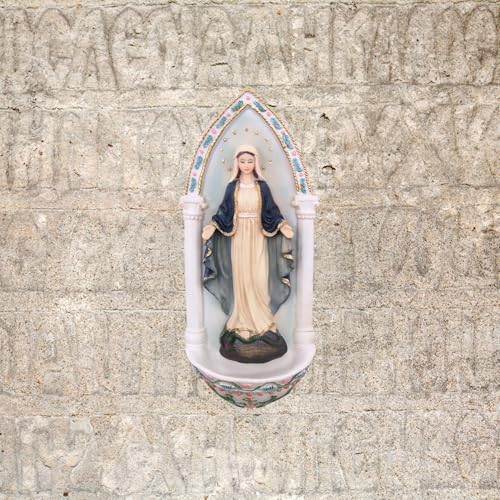 Our Lady of Grace Holy Water Font, 9.25-Inch Hand-Painted Resin Wall Decor