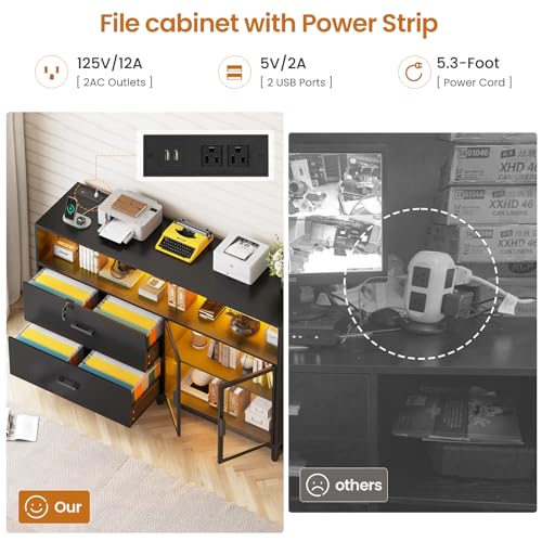 59-Inch Lateral Filing Cabinet with Lockable Drawers, Printer Stand & LED