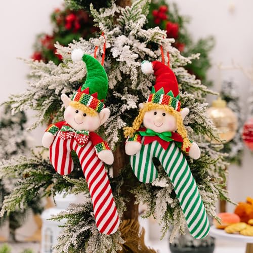 Elf Candy Cane Christmas Hanging Ornament - Plush Holiday Decor, Set of 2