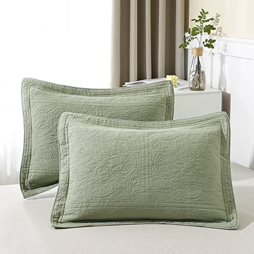 Quilted Cotton Pillow Shams - Sage Green Floral Standard 20x26 Inch Set