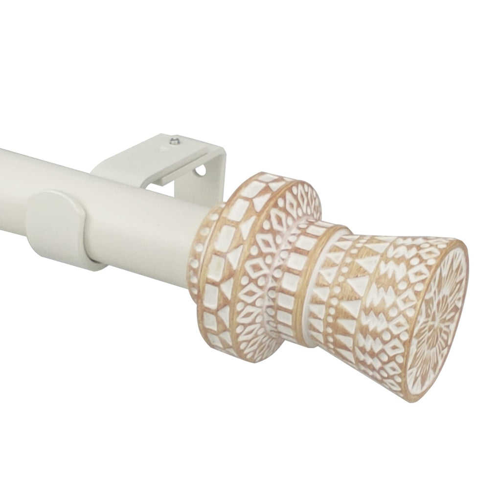 SKYPLUS LIVING Modern Boho Style Single Curtain Rod Set with Round Carved Finial,72-144 inch, Standard Single White Drapery Rod for 1 Pack, 1 inch diameter, Adjustable Length