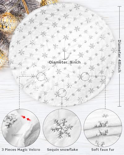 48-Inch White Faux Fur Christmas Tree Skirt with Silver Sequin Snowflakes