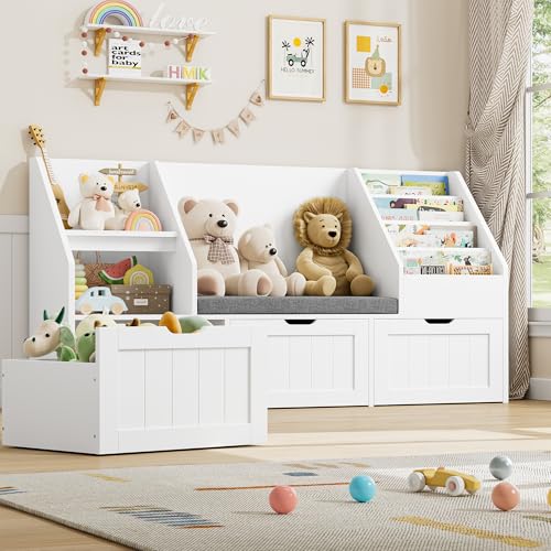 Kids Bookshelf and Toy Storage Organizer with Reading Nook and 3 Drawers