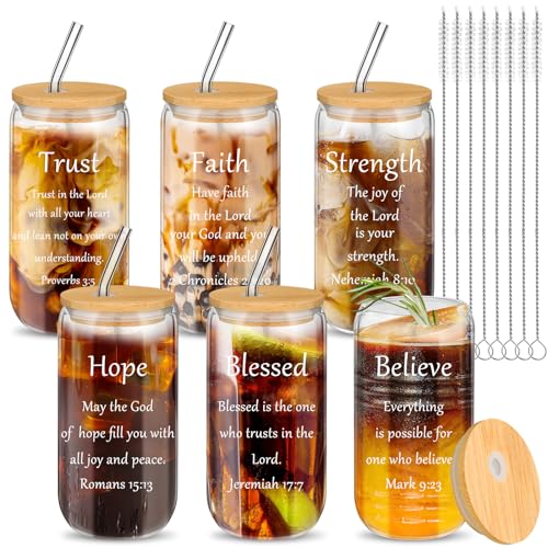 Christian Glass Cups with Lids & Straws - Maxcheck 6 Pack 16 oz Faith Gifts