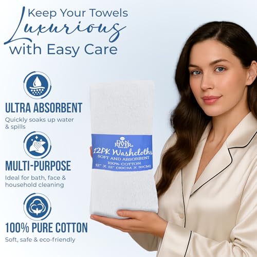 Dan River 24-Pack Cotton Washcloths Set - 12x12 Quick Dry White Face Towels