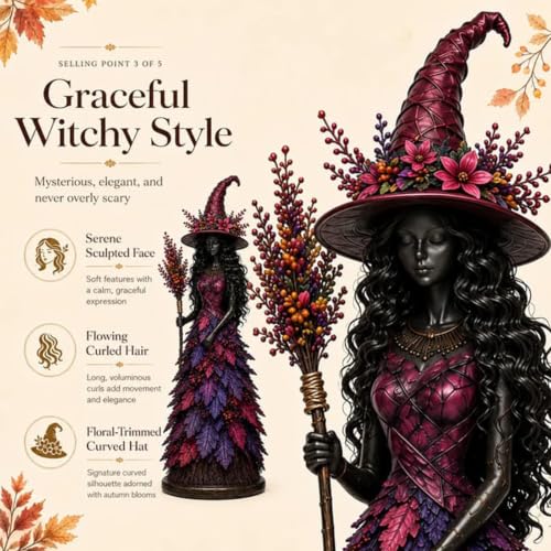 Autumn Witch Figurine - Fall Halloween Resin Tabletop Statue, Saffron