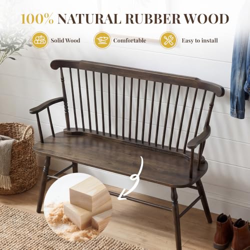 Rustic Solid Wood Farmhouse Dining Bench with Spindle Back and Armrest