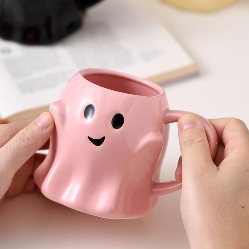 Halloween Mug Novelty Ghost Mug 3D Cute Ceramic Coffee Cup Perfect for Halloween Decor and Christmas Birthday White Elephant Gifts for Coffee Milk Tea Lover (Pink)