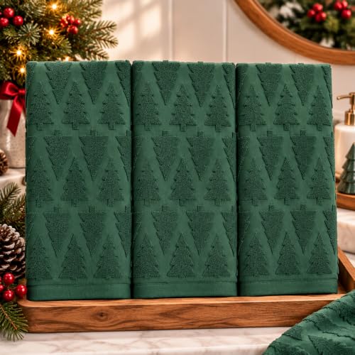 Hahafelt Christmas Tree Hand Towels Set - Dark Green, 3pcs, Cotton Bathroom Decor