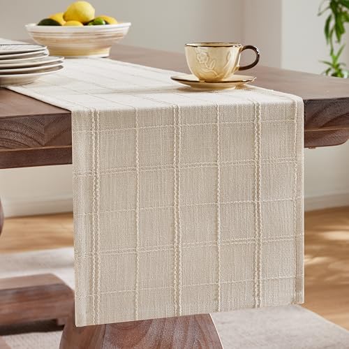 Linen Blend Checked Table Runner, 13x72 Inches Neutral Beige Farmhouse Decor
