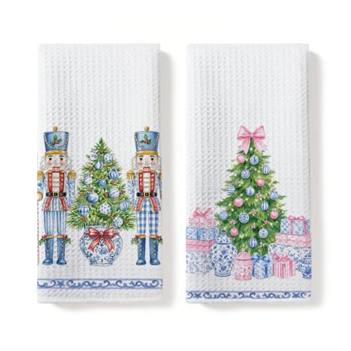 2 Pcs Blue Nutcrackers Christmas Kitchen Towels, 14x24in Premium Waffle-Weave