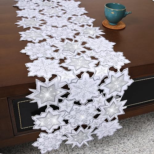 YINFUNG White Snowflake Christmas Table Runner 13x88in Embroidered Holiday Decor