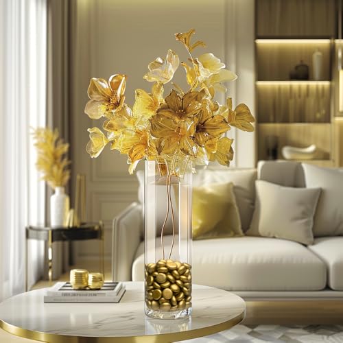 HappyFiller Fall Christmas Decoration 2 LB Mini Gold Flat Marbles Glass Gems,Weighted Fillers Pebbles Stones for Flower Vases,Candle Holder,Wedding Party Home Floral Decor Gemstones,1/2" Each