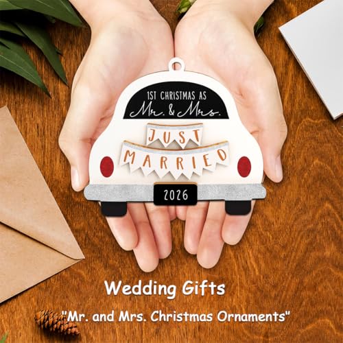 First Christmas Married Ornament 2026, Wood Mr and Mrs Keepsake Wedding Gift