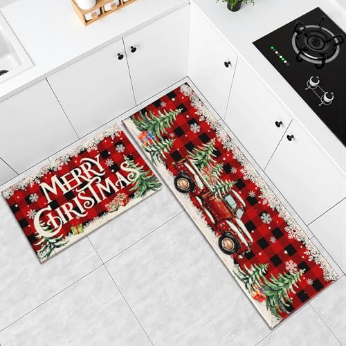 Merry Christmas Kitchen Rugs Set of 2 17x30 & 17x47 in Red Truck Snowflake Buffalo Plaid