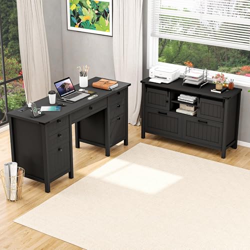 62-Inch Farmhouse L-Shaped Desk with File Cabinet and Power Outlets