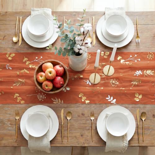 Caramel Floral Leaves Gauze Table Runner 10FT with Glitter Metallic Foil Fall Design