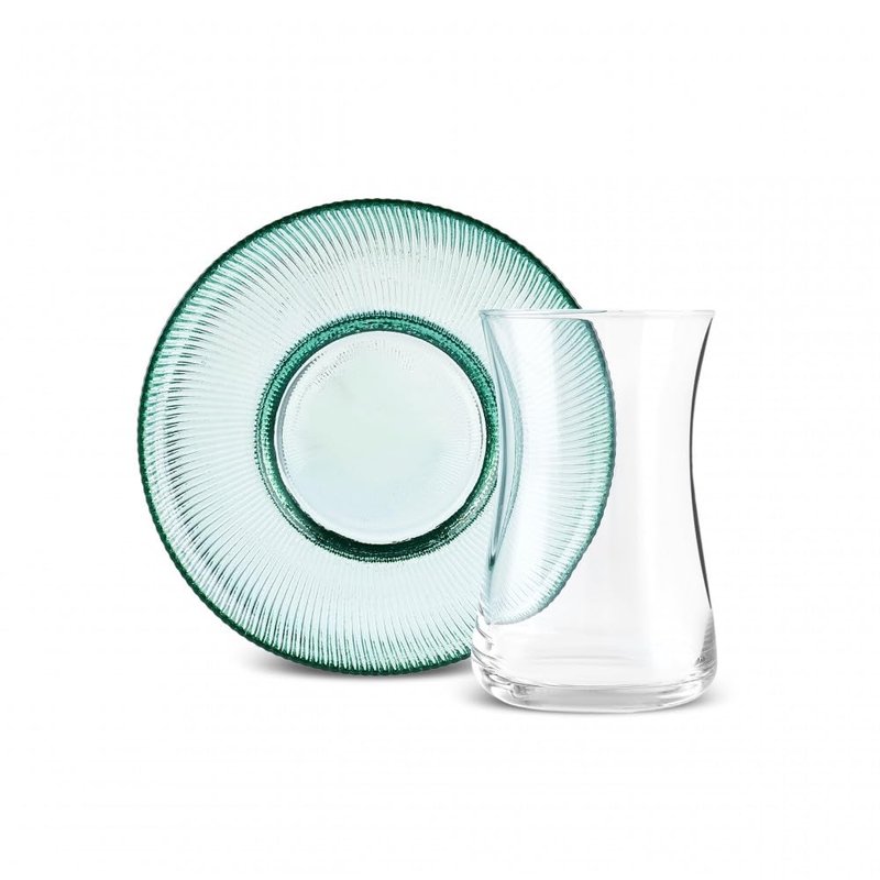KARACA Juliet Turkish Tea Cups Set of 12, 170ml/5.74oz Turkish Tea Glasses with Green Detail Saucers for 6 People, Ideal Glass Set for Mother's Day and Housewarming