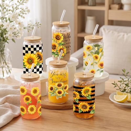 16oz Sunflower Glass Cups with Bamboo Lids and Straws, 6-Piece Set