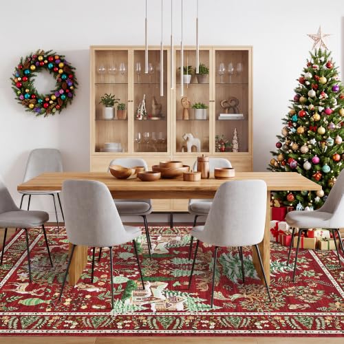 Garvee Red 4x6 Christmas Area Rug with Tree & Animal Prints - Festive Home Decor