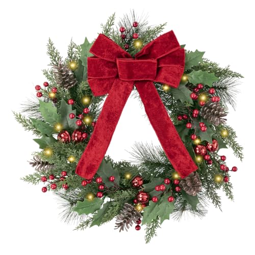 24 Inch Red LED Christmas Wreath Front Door, 50 Lights, Battery Powered