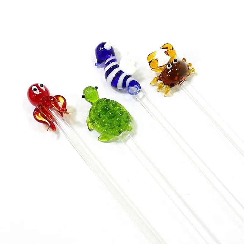 LiuliuBull Multicolor Glass Cocktail Swizzle Sticks 4pcs - Ocean Sea Creatures Decor