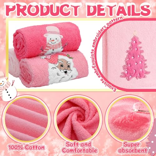 Pink Christmas Hand Towels Set 3 - 13.78 x 29.53 in with Santa Claus Design, 100% Cotton