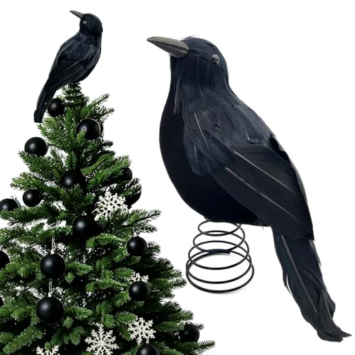 Gothic Black Feathered Crow Tree Topper with Spring Base - 10 Inch