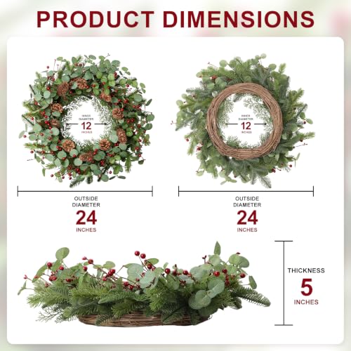 24-Inch Christmas Wreath with Red Berries, Pine Cones & Eucalyptus for Front Door & Holiday Decor