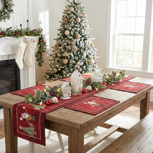 Tache Here Comes Santa Claus 13 x 90” Vintage Christmas Table Runner - Red Tapestry