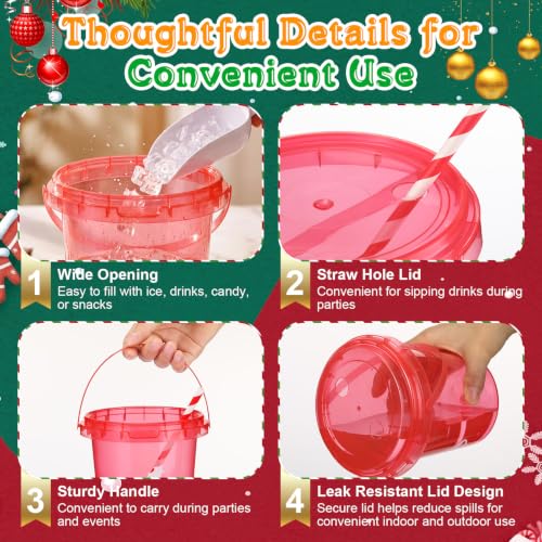 Ceenna 24 Pack Christmas Plastic Drink Buckets 34oz with Lids & Straws - Classic Holiday Design