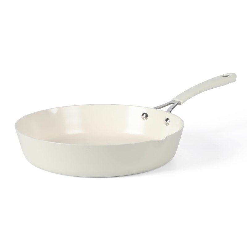 Martha Stewart Heathland 9.5 Inch Aluminum Cookware Non-Toxic Premium Ceramic Non Stick Frying Pan, Kitchen Egg Pan, Omelet, Pots and Pans, Linen White, Induction Safe